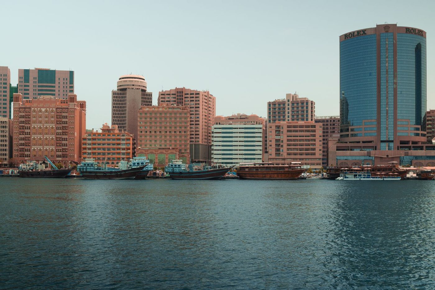 Office towers along the waterfront in Dubai